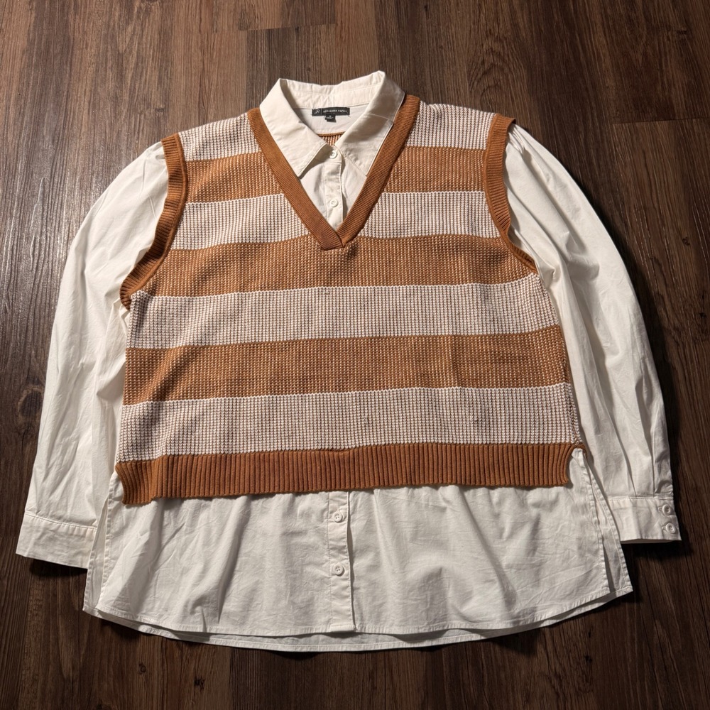 Adrianna Papell Womens XL Mixed Media Sweater Vest Shirt Combo‎ Striped Brown
